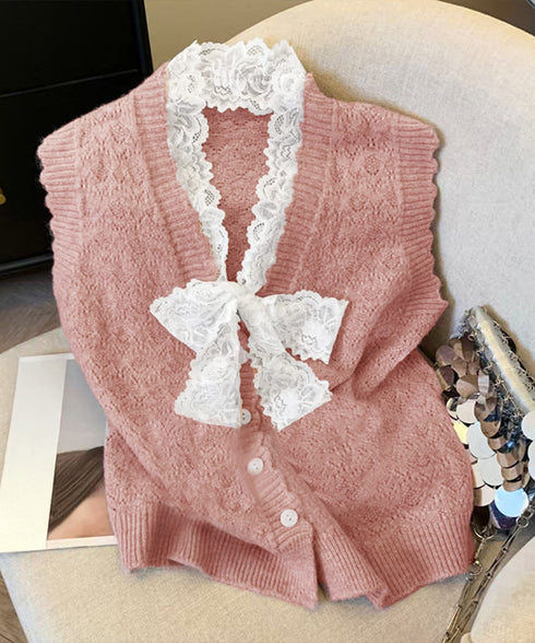 ニットベストネックラインレースニットジレ レディース フェミニン 大人可愛い リボンベストセーター ノースリーブ ニットトップス レイヤード ニットチョッキ韓国風 92KN-001