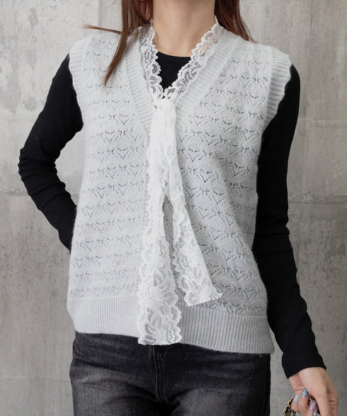 ニットベストネックラインレースニットジレ レディース フェミニン 大人可愛い リボンベストセーター ノースリーブ ニットトップス レイヤード ニットチョッキ韓国風 92KN-001