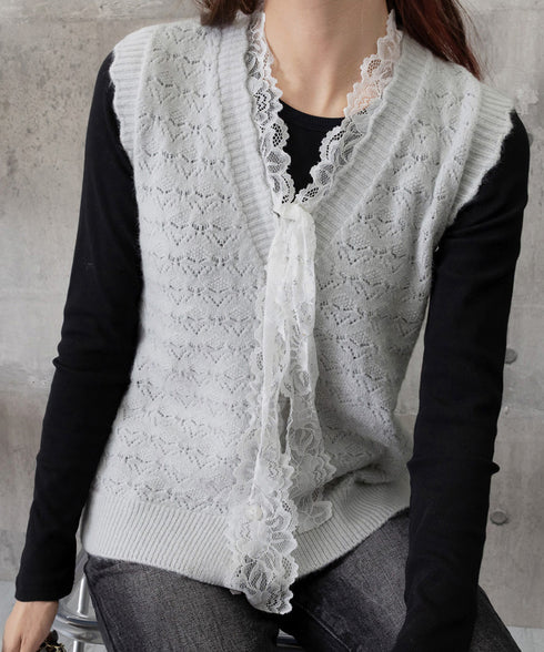 ニットベストネックラインレースニットジレ レディース フェミニン 大人可愛い リボンベストセーター ノースリーブ ニットトップス レイヤード ニットチョッキ韓国風 92KN-001