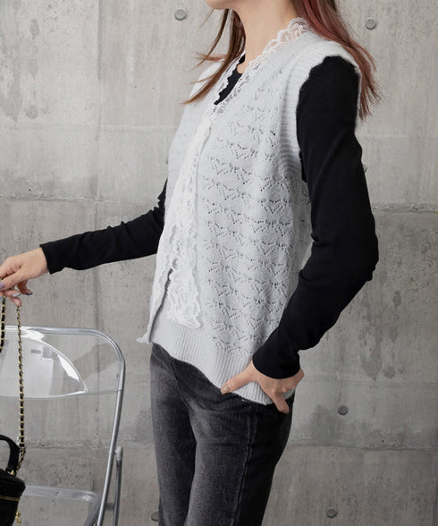 ニットベストネックラインレースニットジレ レディース フェミニン 大人可愛い リボンベストセーター ノースリーブ ニットトップス レイヤード ニットチョッキ韓国風 92KN-001