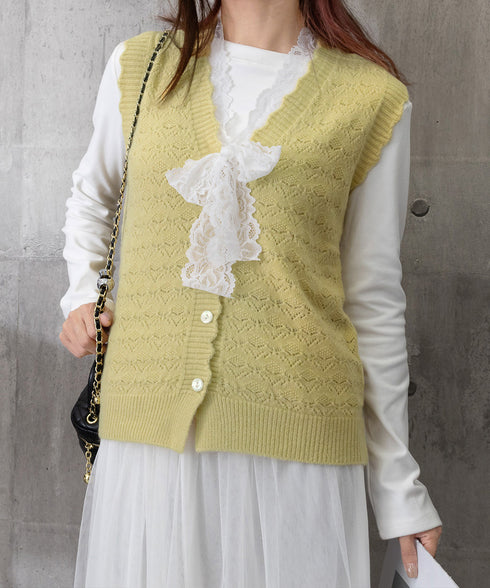 ニットベストネックラインレースニットジレ レディース フェミニン 大人可愛い リボンベストセーター ノースリーブ ニットトップス レイヤード ニットチョッキ韓国風 92KN-001