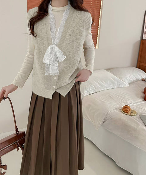 ニットベストネックラインレースニットジレ レディース フェミニン 大人可愛い リボンベストセーター ノースリーブ ニットトップス レイヤード ニットチョッキ韓国風 92KN-001