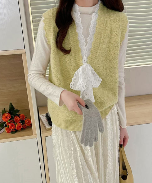 ニットベストネックラインレースニットジレ レディース フェミニン 大人可愛い リボンベストセーター ノースリーブ ニットトップス レイヤード ニットチョッキ韓国風 92KN-001