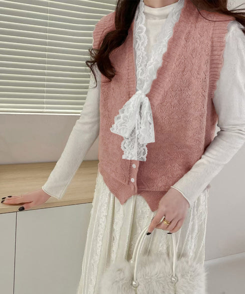 ニットベストネックラインレースニットジレ レディース フェミニン 大人可愛い リボンベストセーター ノースリーブ ニットトップス レイヤード ニットチョッキ韓国風 92KN-001