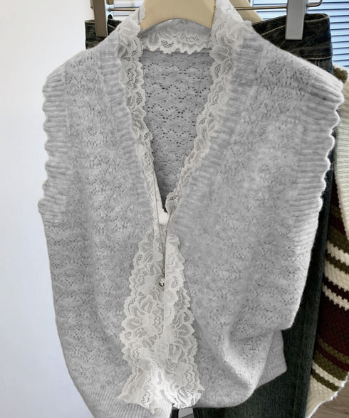 ニットベストネックラインレースニットジレ レディース フェミニン 大人可愛い リボンベストセーター ノースリーブ ニットトップス レイヤード ニットチョッキ韓国風 92KN-001