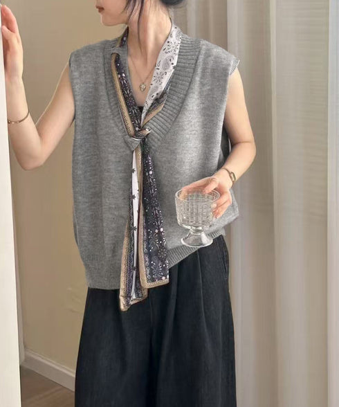 Vネックニットベストスカーフ付き 韓国風 レディース ノースリーブニットトップス 大人カジュアル 着やせニットジレ 春秋冬 きれいめ プルオーバー ニットチョッキ 92KN-002