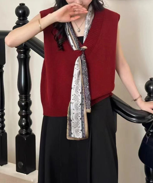 Vネックニットベストスカーフ付き 韓国風 レディース ノースリーブニットトップス 大人カジュアル 着やせニットジレ 春秋冬 きれいめ プルオーバー ニットチョッキ 92KN-002