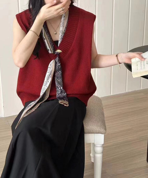 Vネックニットベストスカーフ付き 韓国風 レディース ノースリーブニットトップス 大人カジュアル 着やせニットジレ 春秋冬 きれいめ プルオーバー ニットチョッキ 92KN-002