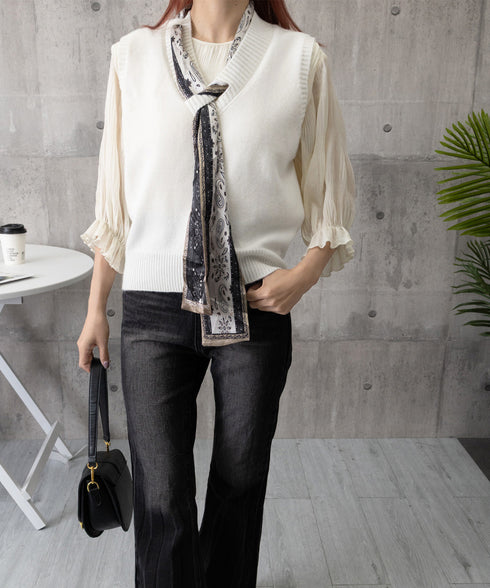 Vネックニットベストスカーフ付き 韓国風 レディース ノースリーブニットトップス 大人カジュアル 着やせニットジレ 春秋冬 きれいめ プルオーバー ニットチョッキ 92KN-002