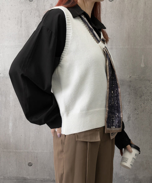 Vネックニットベストスカーフ付き 韓国風 レディース ノースリーブニットトップス 大人カジュアル 着やせニットジレ 春秋冬 きれいめ プルオーバー ニットチョッキ 92KN-002