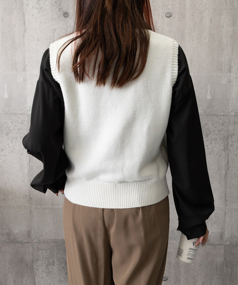 Vネックニットベストスカーフ付き 韓国風 レディース ノースリーブニットトップス 大人カジュアル 着やせニットジレ 春秋冬 きれいめ プルオーバー ニットチョッキ 92KN-002