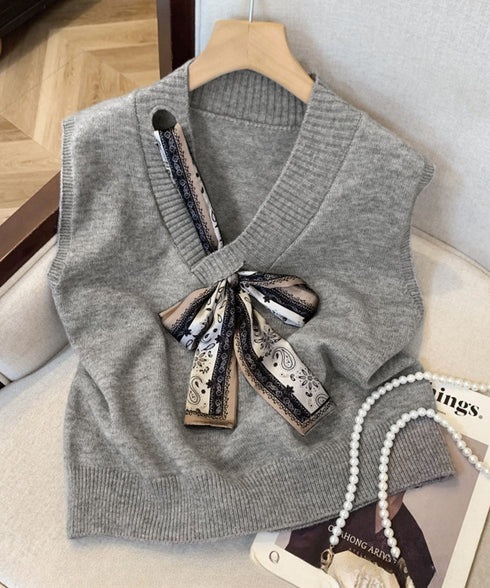 Vネックニットベストスカーフ付き 韓国風 レディース ノースリーブニットトップス 大人カジュアル 着やせニットジレ 春秋冬 きれいめ プルオーバー ニットチョッキ 92KN-002