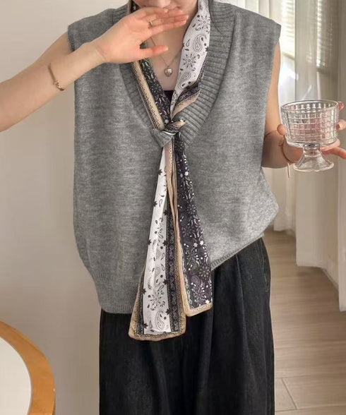 Vネックニットベストスカーフ付き 韓国風 レディース ノースリーブニットトップス 大人カジュアル 着やせニットジレ 春秋冬 きれいめ プルオーバー ニットチョッキ 92KN-002