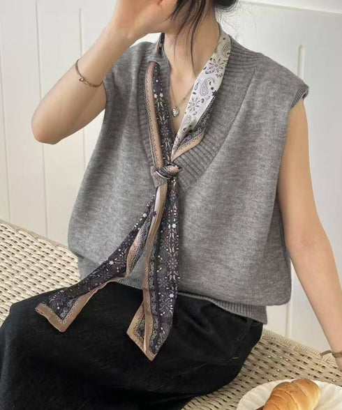 Vネックニットベストスカーフ付き 韓国風 レディース ノースリーブニットトップス 大人カジュアル 着やせニットジレ 春秋冬 きれいめ プルオーバー ニットチョッキ 92KN-002