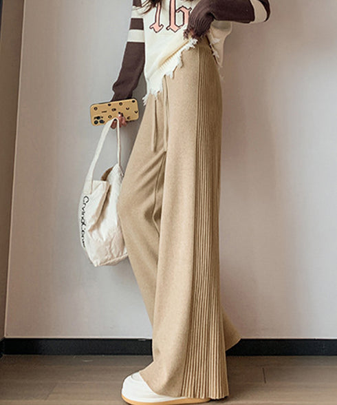 サイド縦ラインニットパンツ ワイドパンツ レディース サイドリブストレートパンツ 厚手暖かい 秋冬ロングパンツ ハイウエスト イージーパンツ 楽ちん大人カジュアル 92KN-003