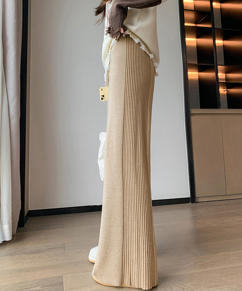 サイド縦ラインニットパンツ ワイドパンツ レディース サイドリブストレートパンツ 厚手暖かい 秋冬ロングパンツ ハイウエスト イージーパンツ 楽ちん大人カジュアル 92KN-003