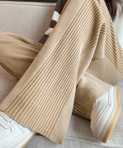 サイド縦ラインニットパンツ ワイドパンツ レディース サイドリブストレートパンツ 厚手暖かい 秋冬ロングパンツ ハイウエスト イージーパンツ 楽ちん大人カジュアル 92KN-003