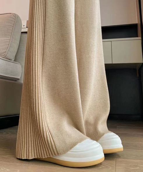 サイド縦ラインニットパンツ ワイドパンツ レディース サイドリブストレートパンツ 厚手暖かい 秋冬ロングパンツ ハイウエスト イージーパンツ 楽ちん大人カジュアル 92KN-003