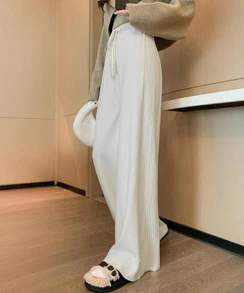 サイド縦ラインニットパンツ ワイドパンツ レディース サイドリブストレートパンツ 厚手暖かい 秋冬ロングパンツ ハイウエスト イージーパンツ 楽ちん大人カジュアル 92KN-003