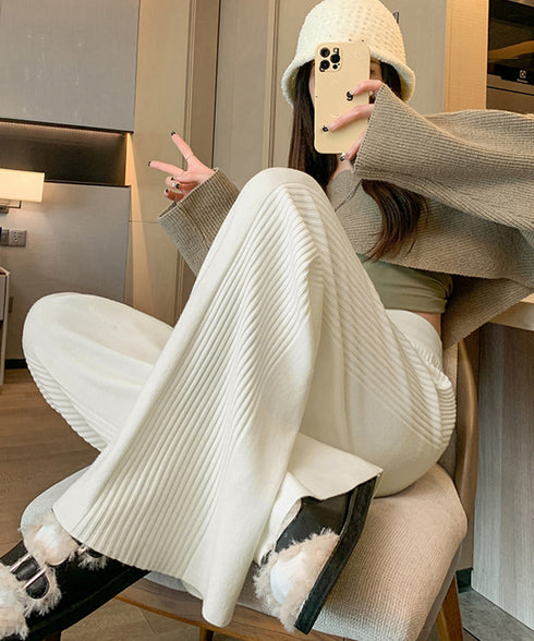 サイド縦ラインニットパンツ ワイドパンツ レディース サイドリブストレートパンツ 厚手暖かい 秋冬ロングパンツ ハイウエスト イージーパンツ 楽ちん大人カジュアル 92KN-003