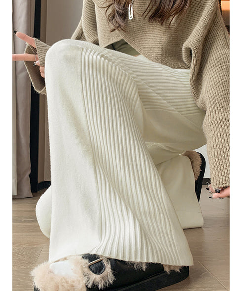 サイド縦ラインニットパンツ ワイドパンツ レディース サイドリブストレートパンツ 厚手暖かい 秋冬ロングパンツ ハイウエスト イージーパンツ 楽ちん大人カジュアル 92KN-003