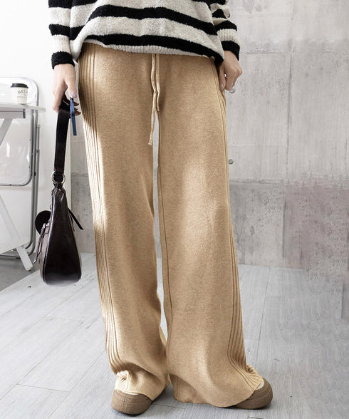 サイド縦ラインニットパンツ ワイドパンツ レディース サイドリブストレートパンツ 厚手暖かい 秋冬ロングパンツ ハイウエスト イージーパンツ 楽ちん大人カジュアル 92KN-003