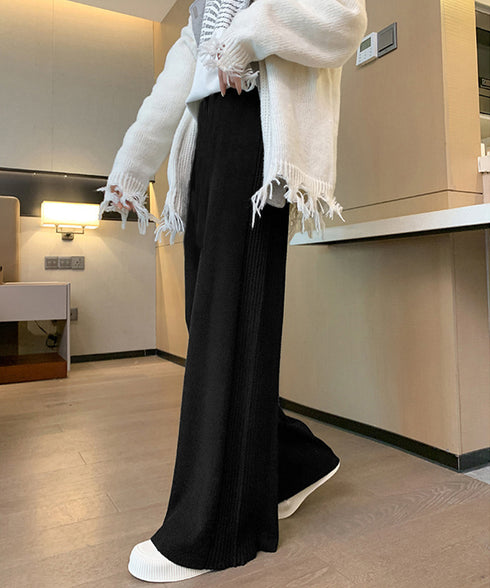 サイド縦ラインニットパンツ ワイドパンツ レディース サイドリブストレートパンツ 厚手暖かい 秋冬ロングパンツ ハイウエスト イージーパンツ 楽ちん大人カジュアル 92KN-003