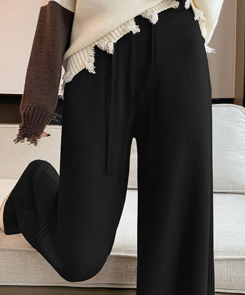 サイド縦ラインニットパンツ ワイドパンツ レディース サイドリブストレートパンツ 厚手暖かい 秋冬ロングパンツ ハイウエスト イージーパンツ 楽ちん大人カジュアル 92KN-003