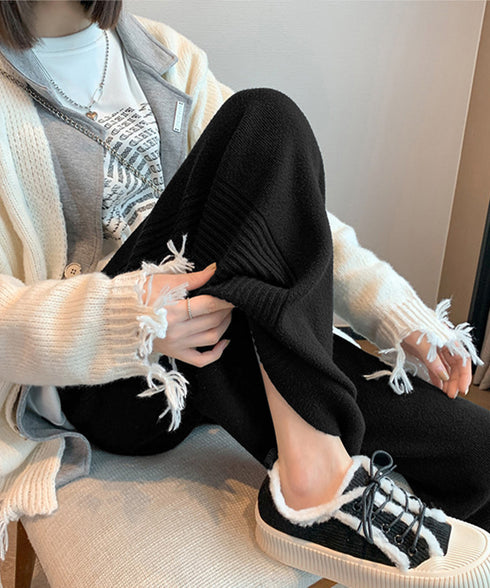 サイド縦ラインニットパンツ ワイドパンツ レディース サイドリブストレートパンツ 厚手暖かい 秋冬ロングパンツ ハイウエスト イージーパンツ 楽ちん大人カジュアル 92KN-003