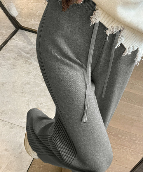 サイド縦ラインニットパンツ ワイドパンツ レディース サイドリブストレートパンツ 厚手暖かい 秋冬ロングパンツ ハイウエスト イージーパンツ 楽ちん大人カジュアル 92KN-003