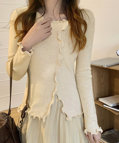 メロウフリルニット フロントスリット秋服 ニットソー レディース カジュアルニットプルオーバー 着回し フィットニットトップス 細見え 無地ニットインナー 韓国風 92KN-004