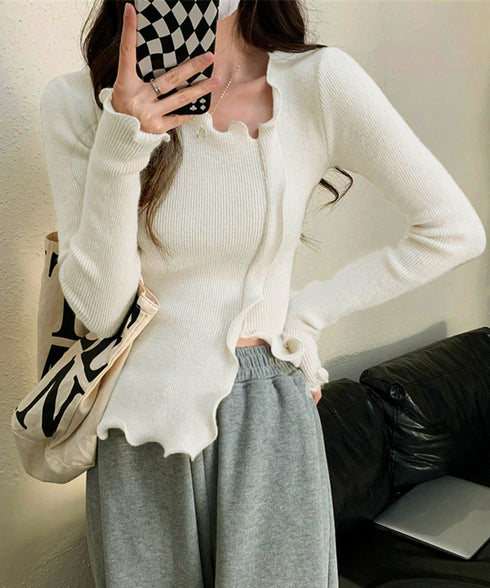 メロウフリルニット フロントスリット秋服 ニットソー レディース カジュアルニットプルオーバー 着回し フィットニットトップス 細見え 無地ニットインナー 韓国風 92KN-004