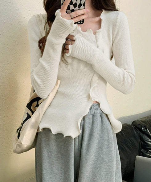 メロウフリルニット フロントスリット秋服 ニットソー レディース カジュアルニットプルオーバー 着回し フィットニットトップス 細見え 無地ニットインナー 韓国風 92KN-004