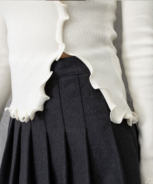 メロウフリルニット フロントスリット秋服 ニットソー レディース カジュアルニットプルオーバー 着回し フィットニットトップス 細見え 無地ニットインナー 韓国風 92KN-004