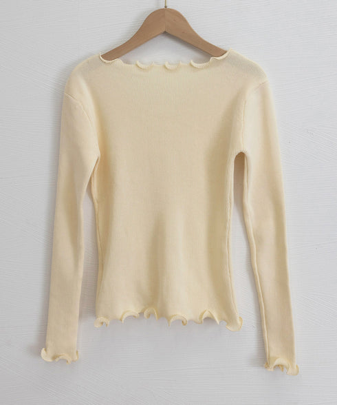 メロウフリルニット フロントスリット秋服 ニットソー レディース カジュアルニットプルオーバー 着回し フィットニットトップス 細見え 無地ニットインナー 韓国風 92KN-004