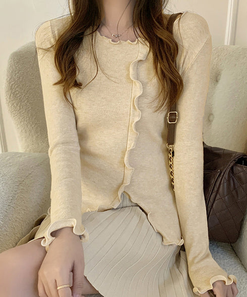 メロウフリルニット フロントスリット秋服 ニットソー レディース カジュアルニットプルオーバー 着回し フィットニットトップス 細見え 無地ニットインナー 韓国風 92KN-004