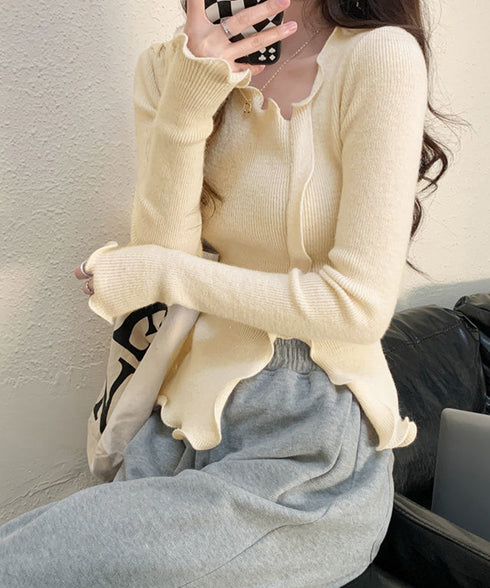 メロウフリルニット フロントスリット秋服 ニットソー レディース カジュアルニットプルオーバー 着回し フィットニットトップス 細見え 無地ニットインナー 韓国風 92KN-004