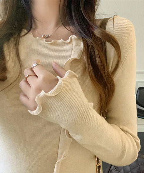 メロウフリルニット フロントスリット秋服 ニットソー レディース カジュアルニットプルオーバー 着回し フィットニットトップス 細見え 無地ニットインナー 韓国風 92KN-004