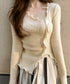 メロウフリルニット フロントスリット秋服 ニットソー レディース カジュアルニットプルオーバー 着回し フィットニットトップス 細見え 無地ニットインナー 韓国風 92KN-004