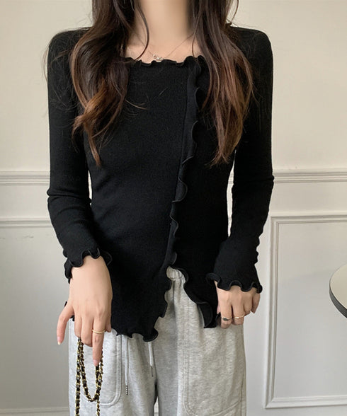 メロウフリルニット フロントスリット秋服 ニットソー レディース カジュアルニットプルオーバー 着回し フィットニットトップス 細見え 無地ニットインナー 韓国風 92KN-004