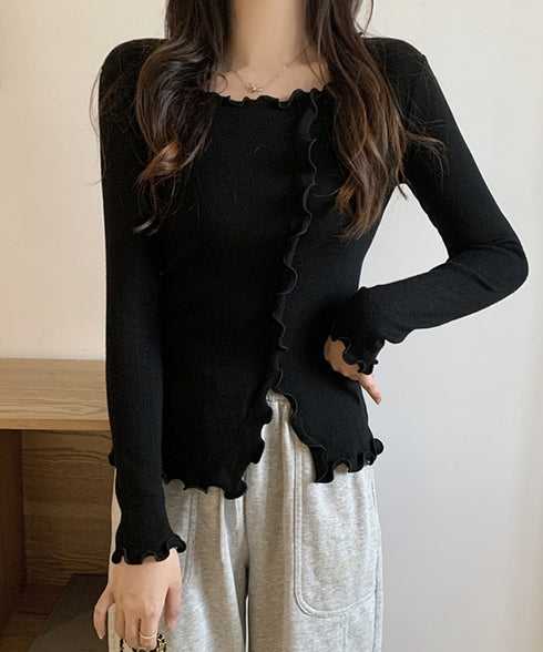 メロウフリルニット フロントスリット秋服 ニットソー レディース カジュアルニットプルオーバー 着回し フィットニットトップス 細見え 無地ニットインナー 韓国風 92KN-004