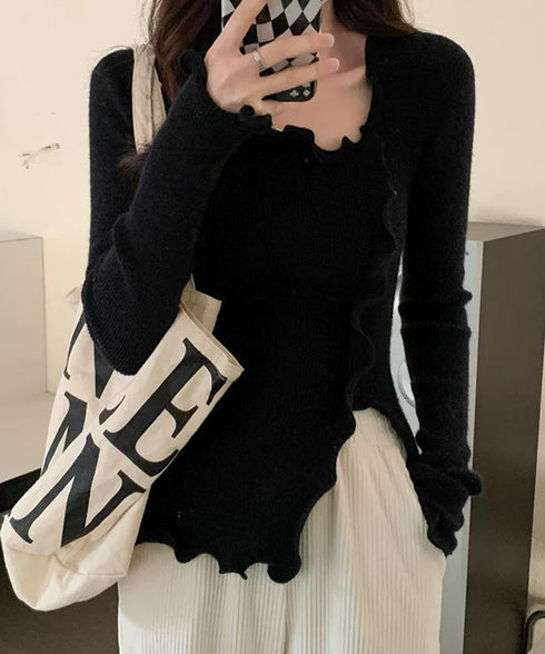 メロウフリルニット フロントスリット秋服 ニットソー レディース カジュアルニットプルオーバー 着回し フィットニットトップス 細見え 無地ニットインナー 韓国風 92KN-004