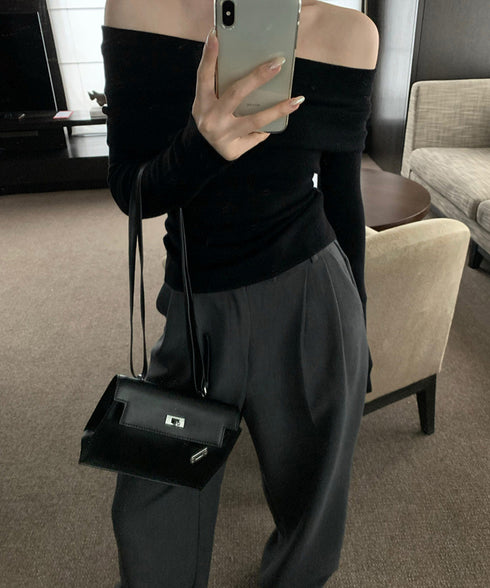 ワイドオフショルダーニットトップス肩出し リブニット レディース セクシー タイトニット フェミニン 長袖ニットプルオーバー 肩見せ 無地ニットセーター きれいめ 92KN-005