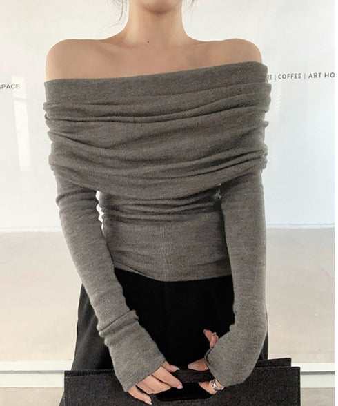 ワイドオフショルダーニットトップス肩出し リブニット レディース セクシー タイトニット フェミニン 長袖ニットプルオーバー 肩見せ 無地ニットセーター きれいめ 92KN-005