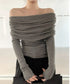 ワイドオフショルダーニットトップス肩出し リブニット レディース セクシー タイトニット フェミニン 長袖ニットプルオーバー 肩見せ 無地ニットセーター きれいめ 92KN-005