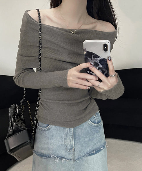 ワイドオフショルダーニットトップス肩出し リブニット レディース セクシー タイトニット フェミニン 長袖ニットプルオーバー 肩見せ 無地ニットセーター きれいめ 92KN-005