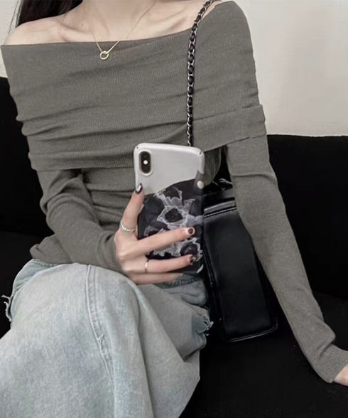 ワイドオフショルダーニットトップス肩出し リブニット レディース セクシー タイトニット フェミニン 長袖ニットプルオーバー 肩見せ 無地ニットセーター きれいめ 92KN-005