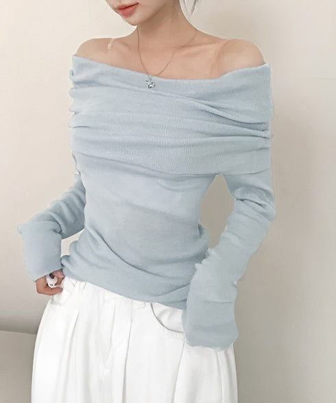 ワイドオフショルダーニットトップス肩出し リブニット レディース セクシー タイトニット フェミニン 長袖ニットプルオーバー 肩見せ 無地ニットセーター きれいめ 92KN-005