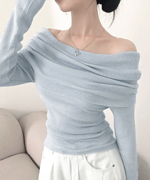 ワイドオフショルダーニットトップス肩出し リブニット レディース セクシー タイトニット フェミニン 長袖ニットプルオーバー 肩見せ 無地ニットセーター きれいめ 92KN-005