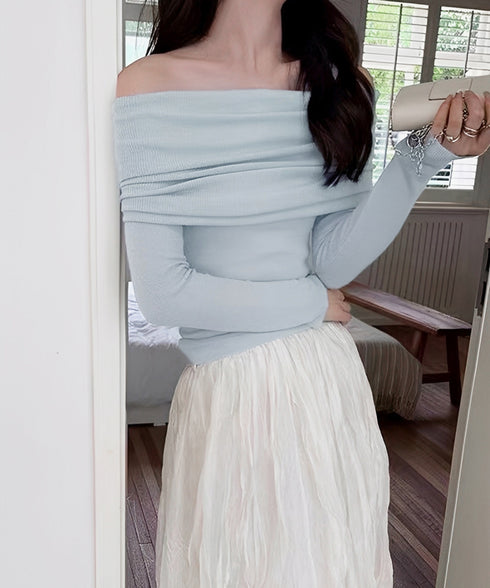 ワイドオフショルダーニットトップス肩出し リブニット レディース セクシー タイトニット フェミニン 長袖ニットプルオーバー 肩見せ 無地ニットセーター きれいめ 92KN-005
